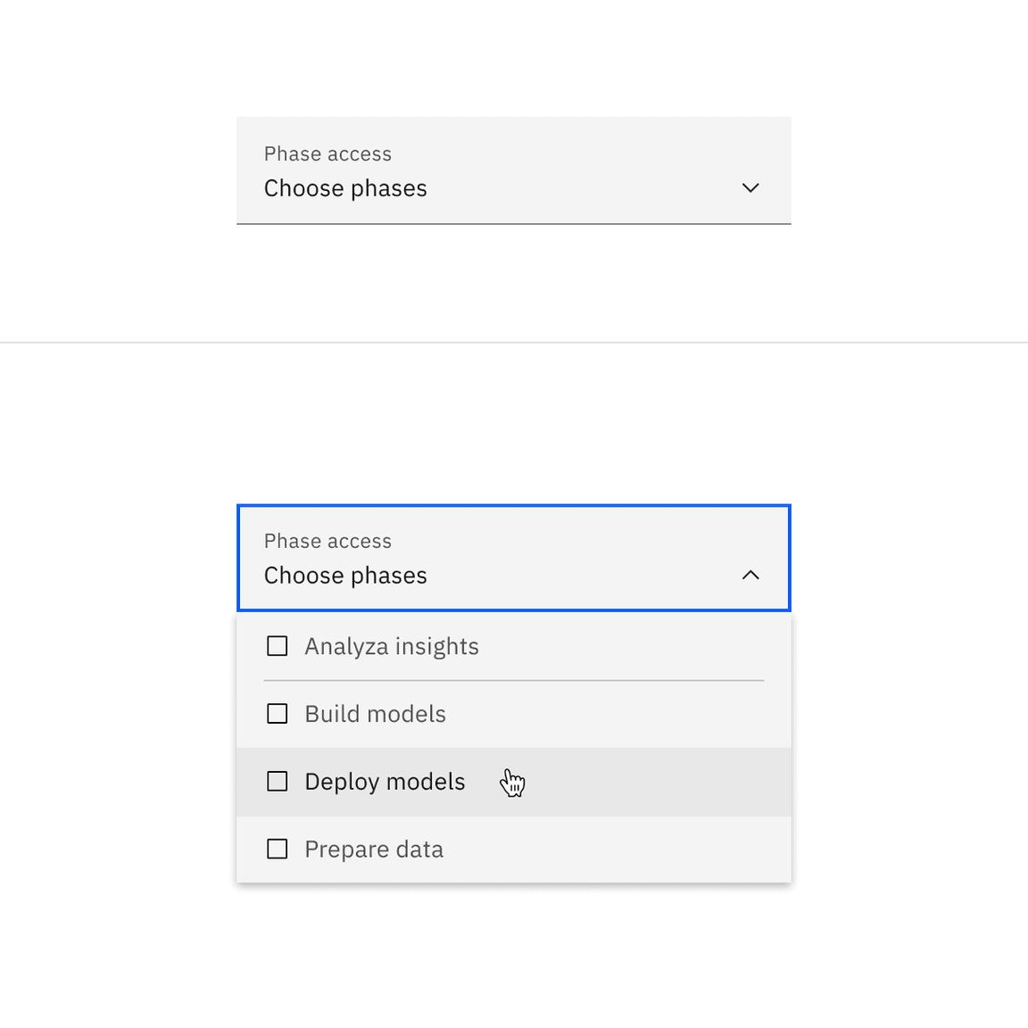 Fluid multiselect dropdown closed and open states.