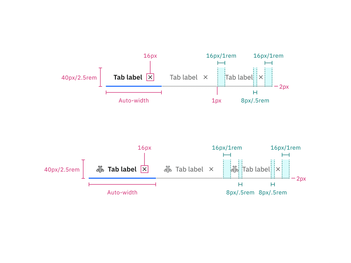 Structure and spacing measurements for dismissible line tabs without icons (top) and with icons (bottom).